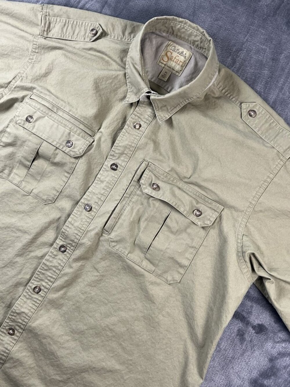 Cabelas Safari Series Shirt Mens XLT Khaki Short Sleeve Button Up Utility Pocket